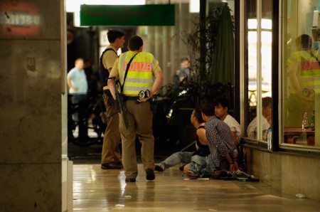 MUNICH, GERMANY - JULY 22:  Police arrest three men, whose identities and roles were not yet confirmed, near Marienplatz square following a rampage shooting in the city on July 22, 2016 in Munich, Germany. Several people have been killed and an unknown number injured in a shooting at a shopping centre at the Olympia Einkaufzentrum (OEZ).  (Photo by Johannes Simon/Getty Images)